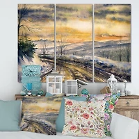 Designart - Winter Landscape With Road Under Bright Sunset