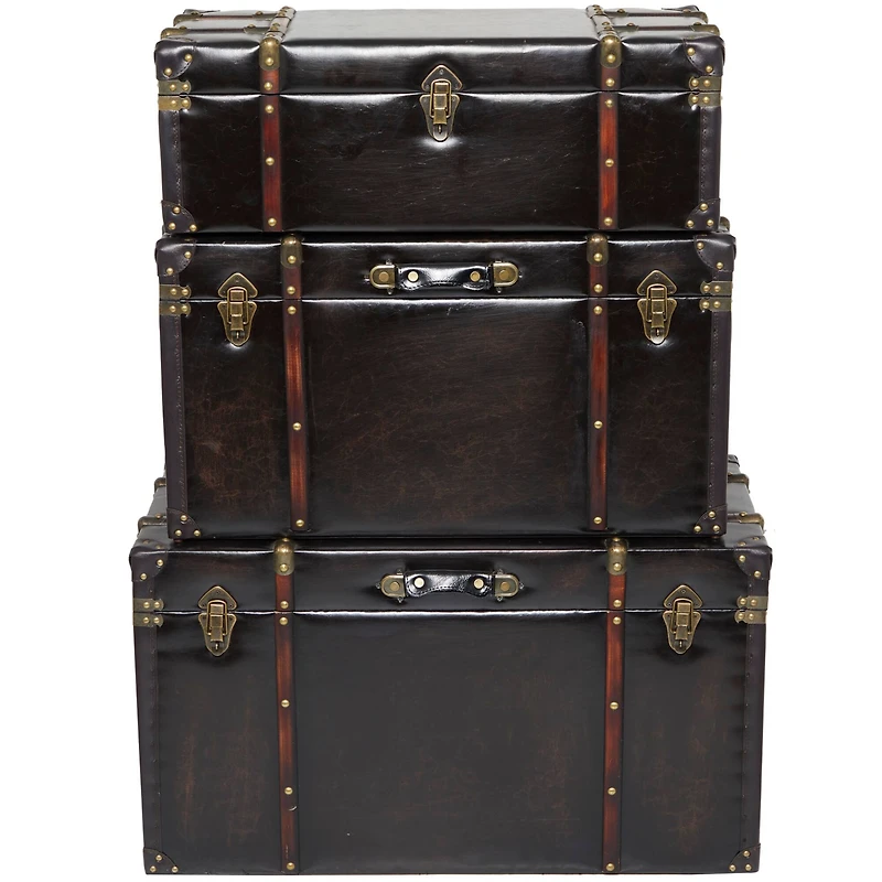 Dark Brown Faux Leather Studded Trunk with Latches & Handles Set
