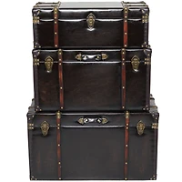 Dark Brown Faux Leather Studded Trunk with Latches & Handles Set