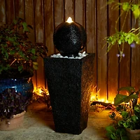Glitzhome® Modern LED Black Geometric Pedestal & Sphere Outdoor Floor Fountain