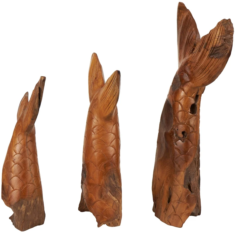 Brown Teak Wood Whale Handmade Tail Live Edge Sculpture with Intricate Carvings Set