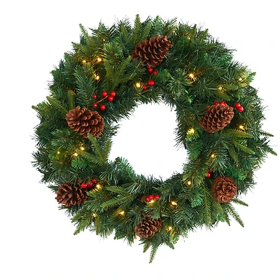 24" Clear LED Mixed Pine & Berries Christmas Wreath