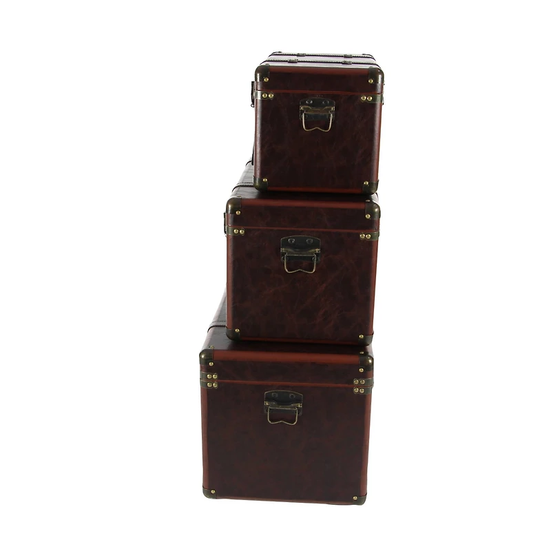 Set of 3" Brown Leather Traditional Trunk, 19", 24", 27"