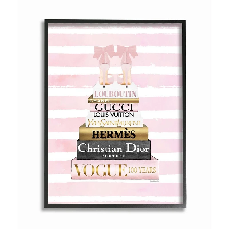 Stupell Industries Glam Fashion Heals with Bookstack and Pink Stripes Framed Wall Art