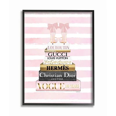 Stupell Industries Glam Fashion Heals with Bookstack and Pink Stripes Framed Wall Art