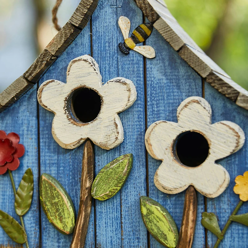 Glitzhome® 10.5" Distressed Wood Birdhouse with Flowers