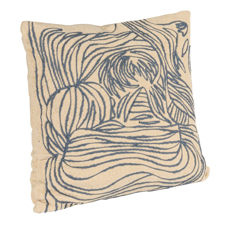 Hello Honey® 20" x 20" Natural & Blue Azure Lines Embroidered Cotton Pillow