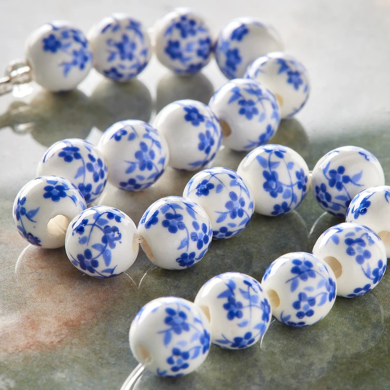 Blue Daisy Ceramic Round Beads, 8mm by Bead Landing™