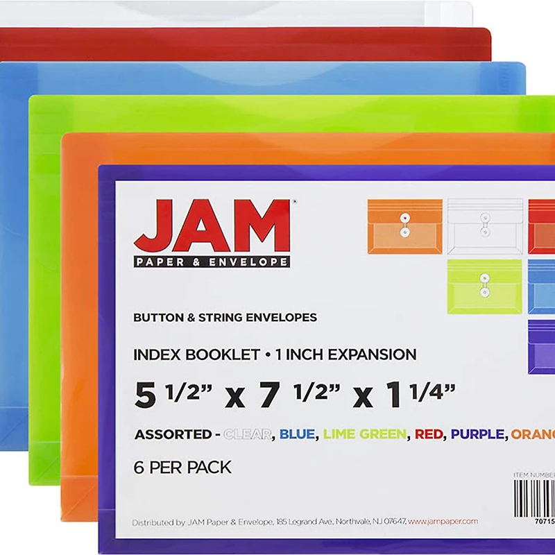 JAM Paper 5.5" x 7.5" Mixed Plastic Button String Index Booklet Envelopes, 12ct.