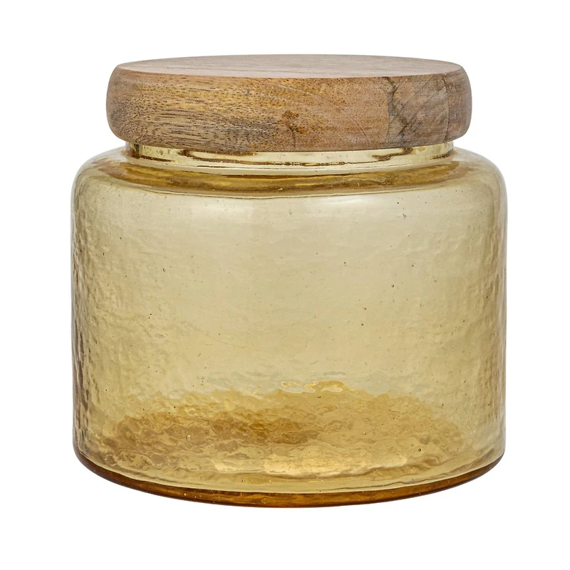 Hello Honey® Yellow & Whitewash Hammered Glass Jar with Mango Wood Lid
