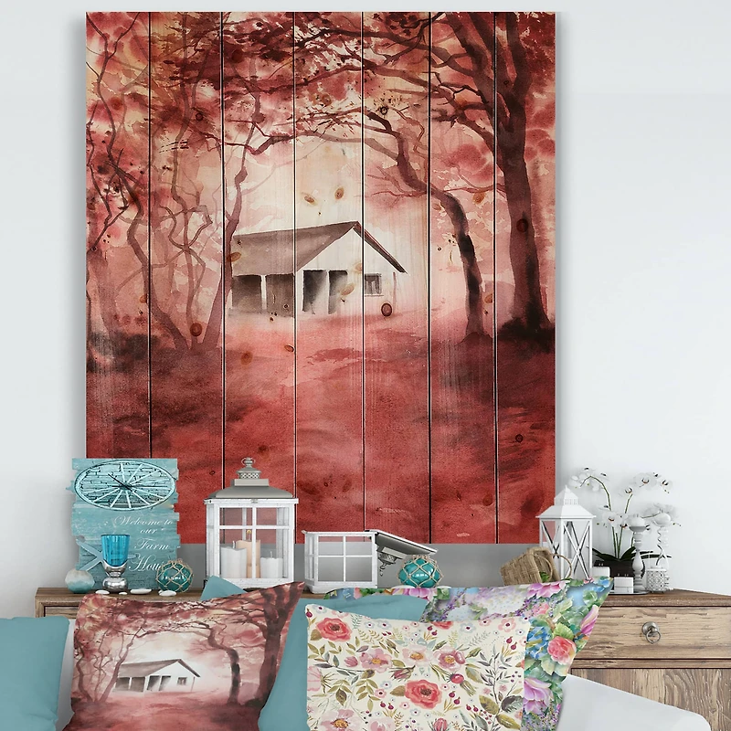 Designart - House In Red Autumn Woods - Cabin & Lodge Print on Natural Pine Wood