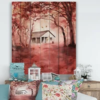 Designart - House In Red Autumn Woods - Cabin & Lodge Print on Natural Pine Wood