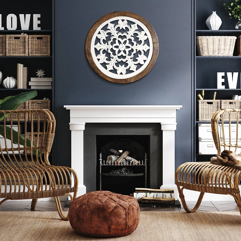 American Art Décor™ 16" Distressed Wood Framed Round White Arabesque Wall Accent Medallion