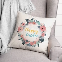 Happy Easter Floral Wreath Throw Pillow
