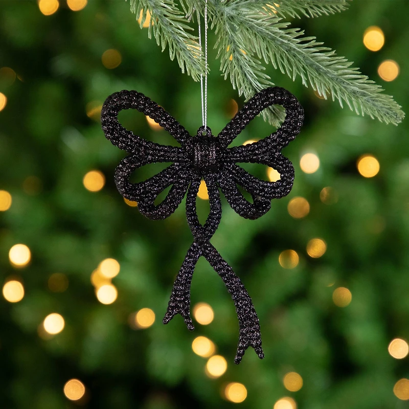 Set of 4 Black Glitter Bowtie Christmas Ornaments 6"