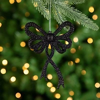 Set of 4 Black Glitter Bowtie Christmas Ornaments 6"