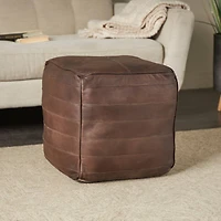21" Leather Pouf with Linear Panels