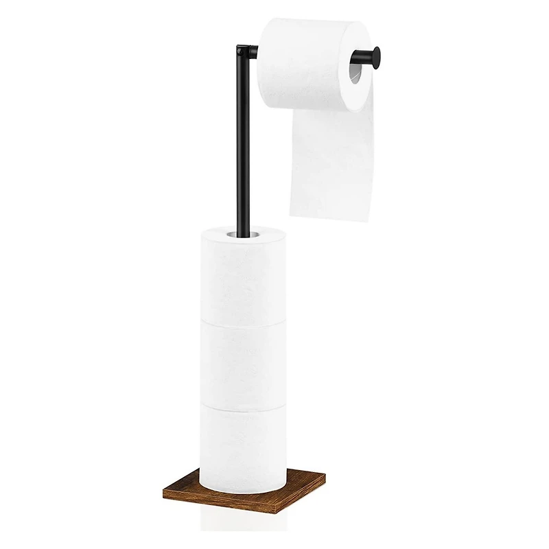 NEX™ 21" Black Freestanding Metal Toilet Paper Holder with Square Woodgrain Base