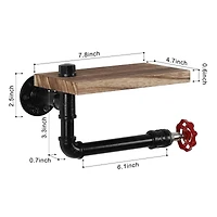 Dark Brown Industrial Wall-Mounted Rustic Toilet Paper Holder with Wood Shelf