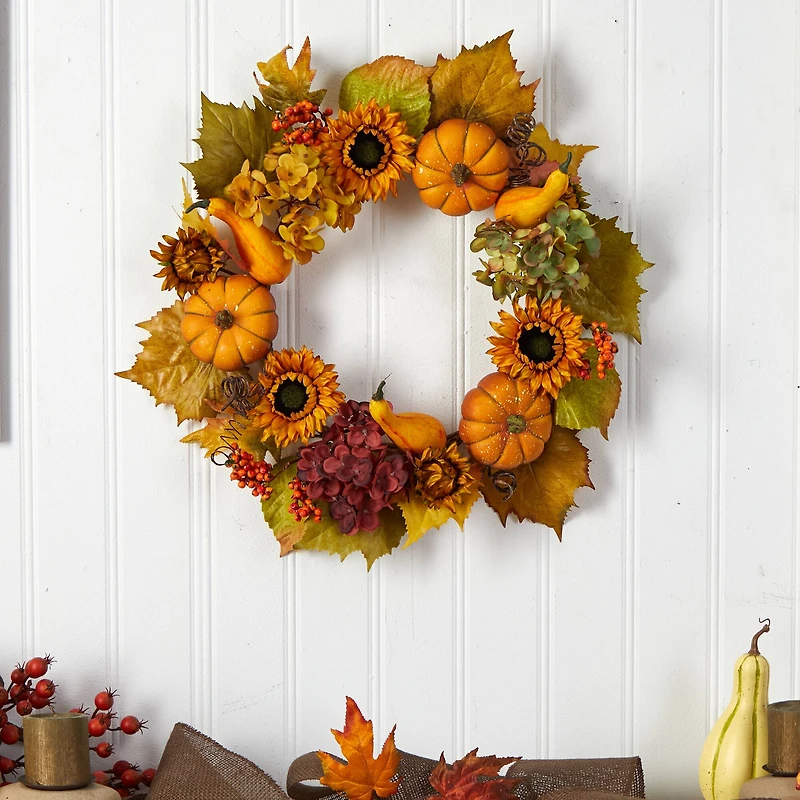 22" Autumn Hydrangea, Pumpkin & Sunflower Wreath