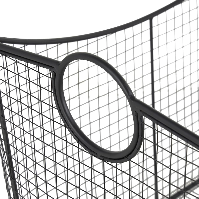 20" Black Metal Storage Basket with Curved Sides & Ring Handles