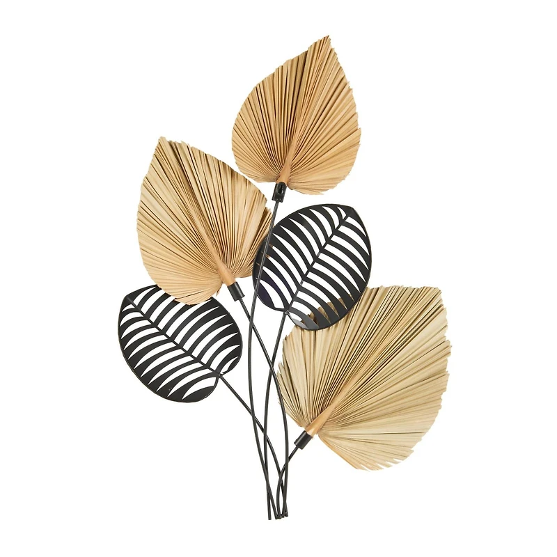 25" x 3" x 36" Brown Metal Leaf Layered Wall Decor with Palm Leave Accents