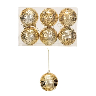 Hello Honey® 6 Pack 3.5" Gold Finish Glass & Foam Disco Ball Ornaments with Acetate Box