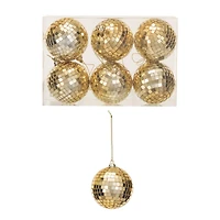 Hello Honey® 6 Pack 3.5" Gold Finish Glass & Foam Disco Ball Ornaments with Acetate Box