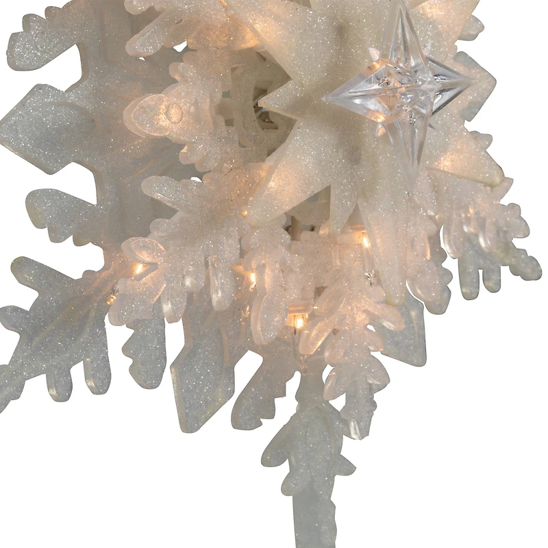 10" Lighted White Frosted Stacked Snowflake Christmas Tree Topper, Clear Lights