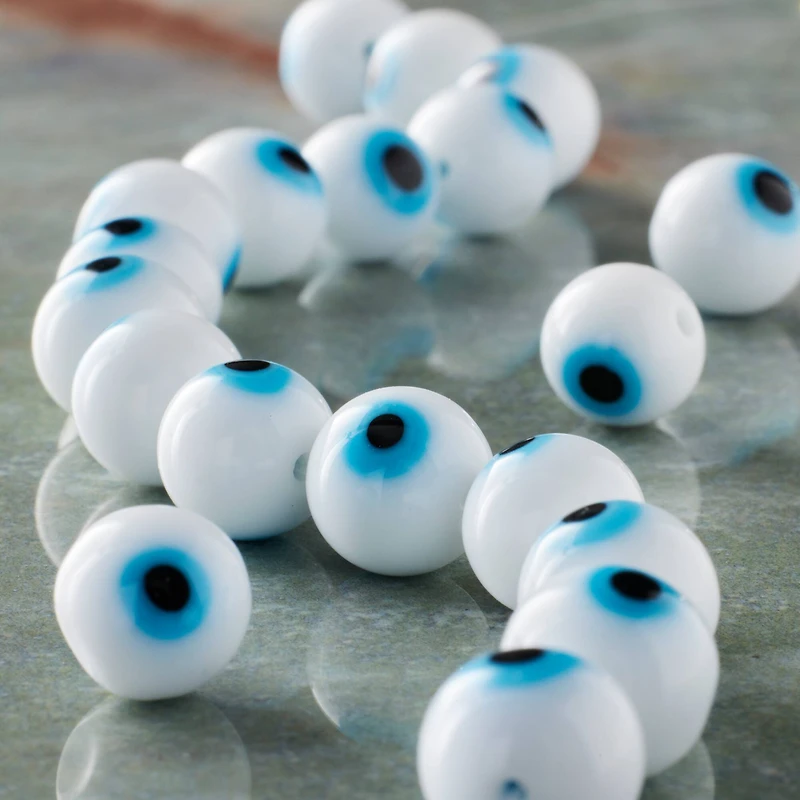 White Evil Eye Glass Round Beads by Bead Landing