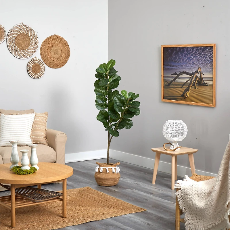 4.5ft. Fiddle Leaf Fig Artificial Tree with Boho Chic Handmade Natural Cotton Woven Planter with Tassels