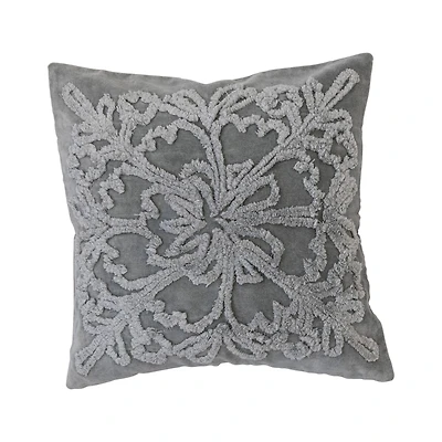 Hello Honey® Gray & Natural White Square Cotton Tufted Velvet Pillow with Snowflake & Chambray Back