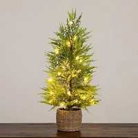 32in. Pre-Lit Artificial Lightly Snowed Cypress Christmas Tree with 30 Warm White LED Lights in Decorative Weaved Basket