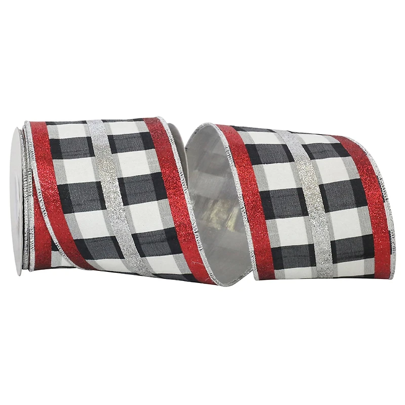 Reliant 4" x 5yd. Gingham Check Deluxe Dupioni Glitter Tri-stripes Wired Ribbon