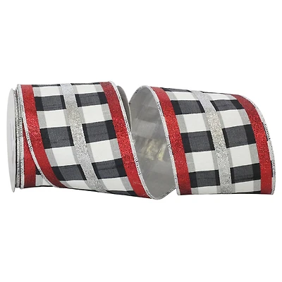 Reliant 4" x 5yd. Gingham Check Deluxe Dupioni Glitter Tri-stripes Wired Ribbon