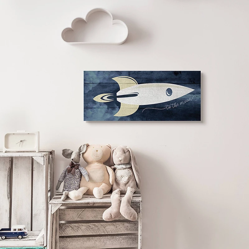 Stupell Industries To The Moon Phrase Rustic Space Ship Blue Canvas Wall Art
