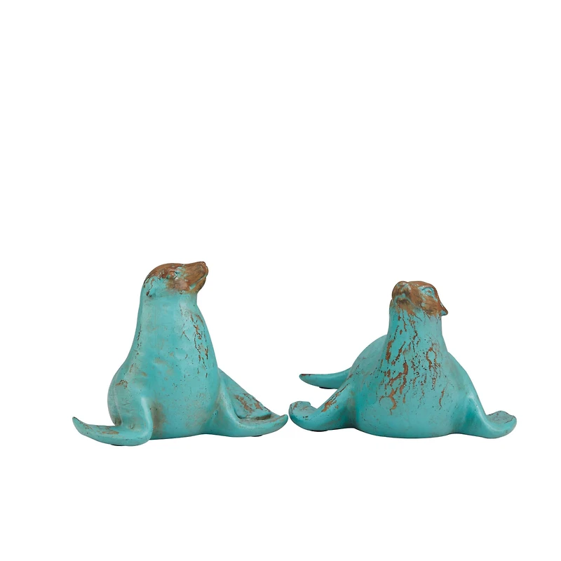 Teal Polystone Distressed Sea Lion Sculpture Set