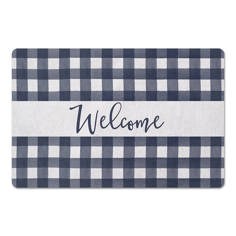 Welcome Navy Buffalo Check Floor Mat