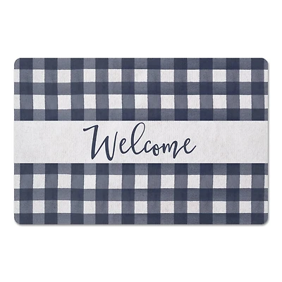 Welcome Navy Buffalo Check Floor Mat