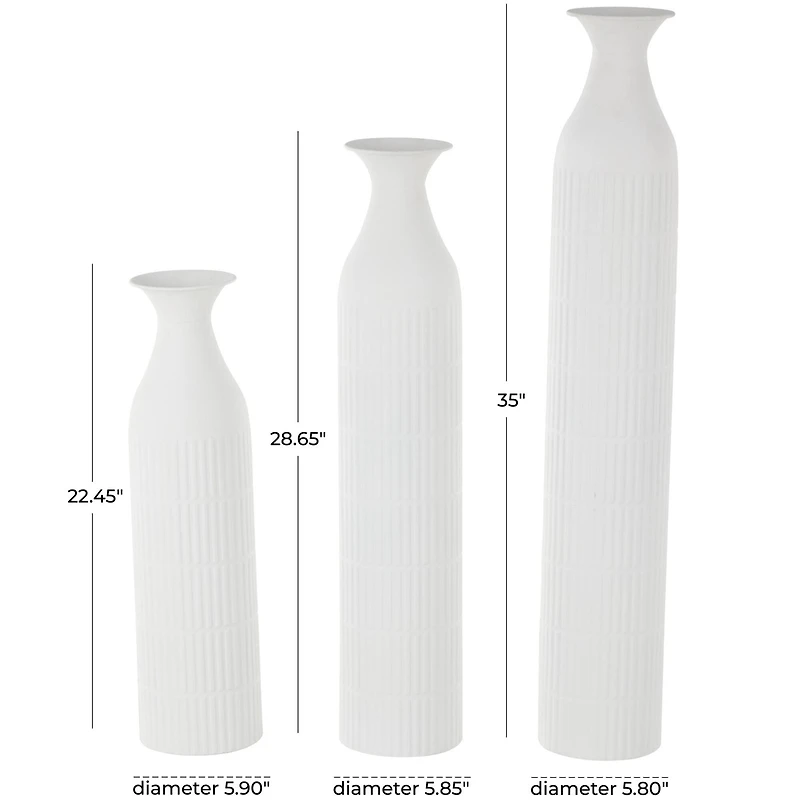 White Ribbed Floor Metal Vase Set
