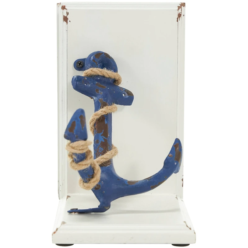 8" Blue Wood Anchor Distressed Bookends with Rope Accents & White Wood Stands Set