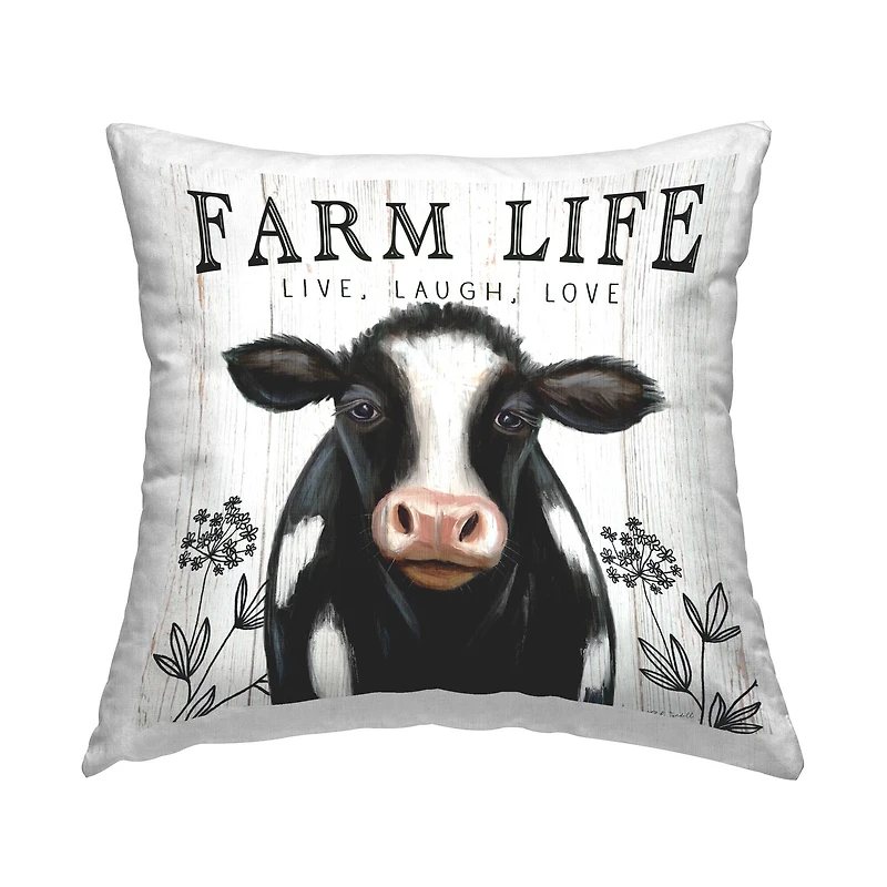 Stupell Industries Farm Life Dairy Cow Sign Wildflower Florals Throw Pillow 18" x 18"