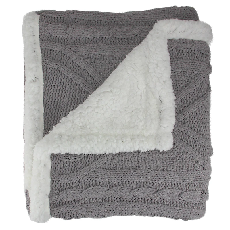 Gray & White Cable Knit Throw Blanket with Sherpa Backing
