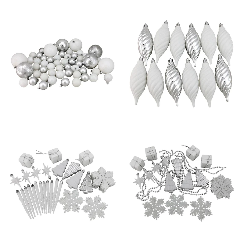 125ct. Winter White & Silver Shatterproof 4-Finish Christmas Ornaments