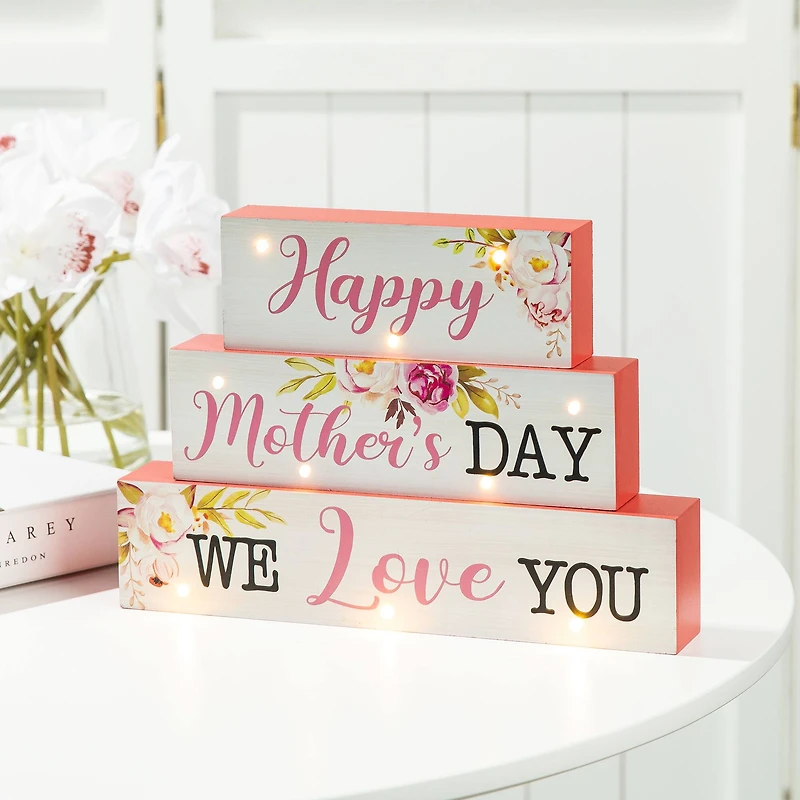 Glitzhome® 12" Lighted Wood Happy Mother's Day Block Sign