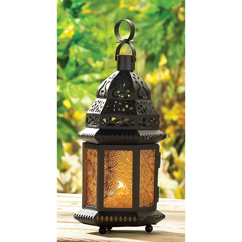 10" Black Moroccan Style Hanging Candle Lantern with Etched Yellow Glass