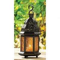 10" Black Moroccan Style Hanging Candle Lantern with Etched Yellow Glass