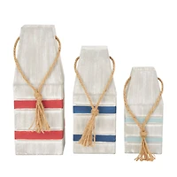 White Metal Striped Buoy Sculpture with Rope Handles Set