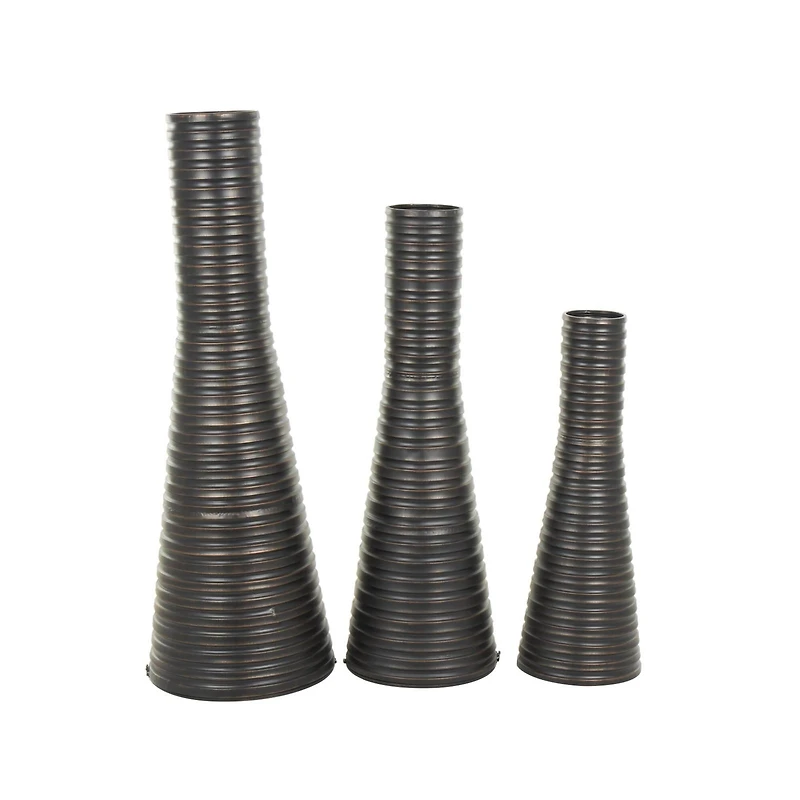 Bronze Ribbed Tall Cone Floor Vase with Horizontal Grooves Set
