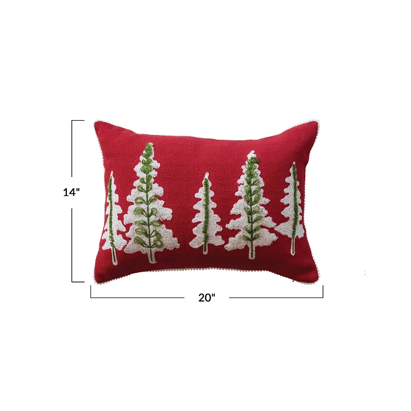 Hello Honey® 20" x 14" Red, Natural & Green Cotton Slub Lumbar Pillow with Embroidered Trees & Pom Pom Trim